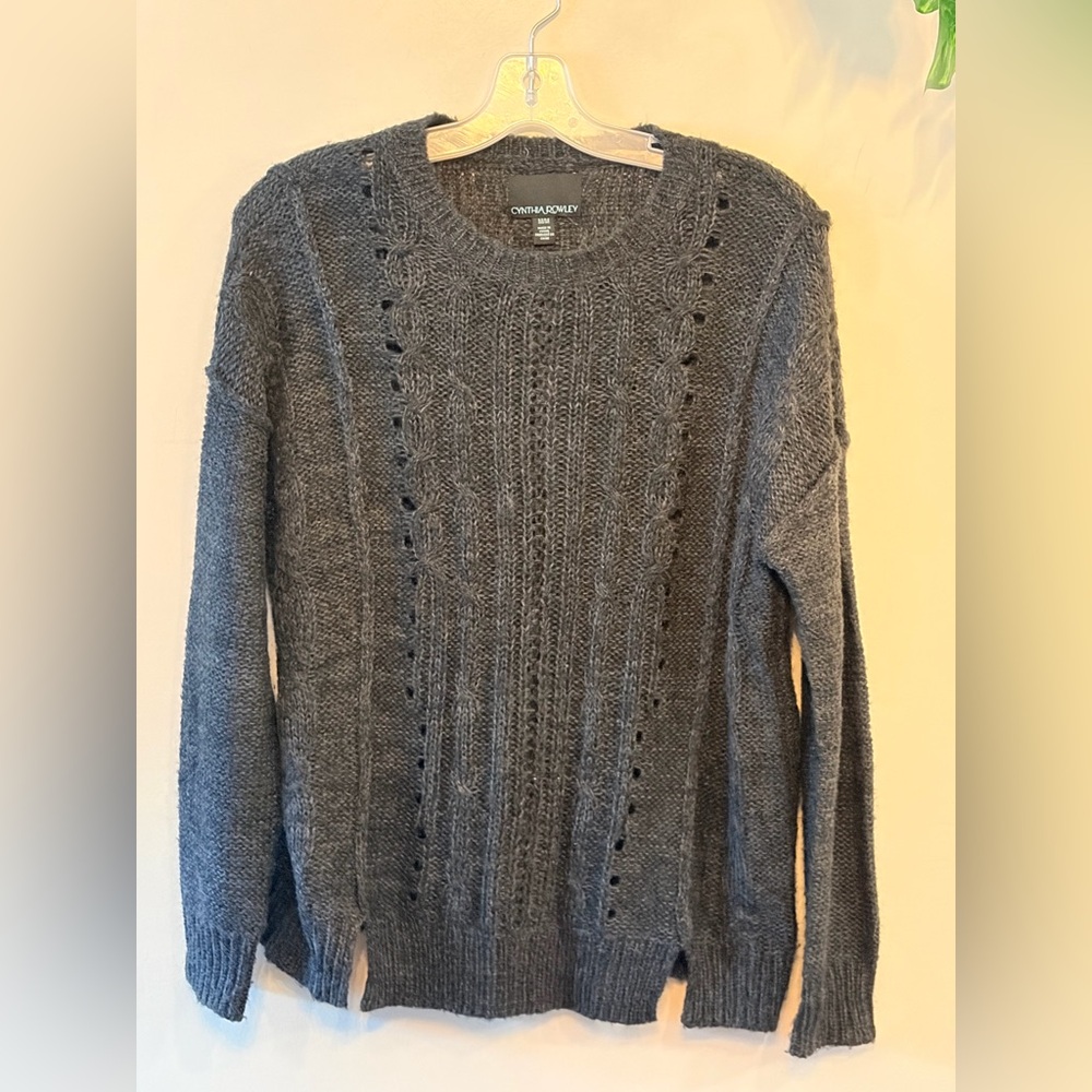 CYNTHIA ROWLEY Wool Blend Gray Crewneck Knit Sweater